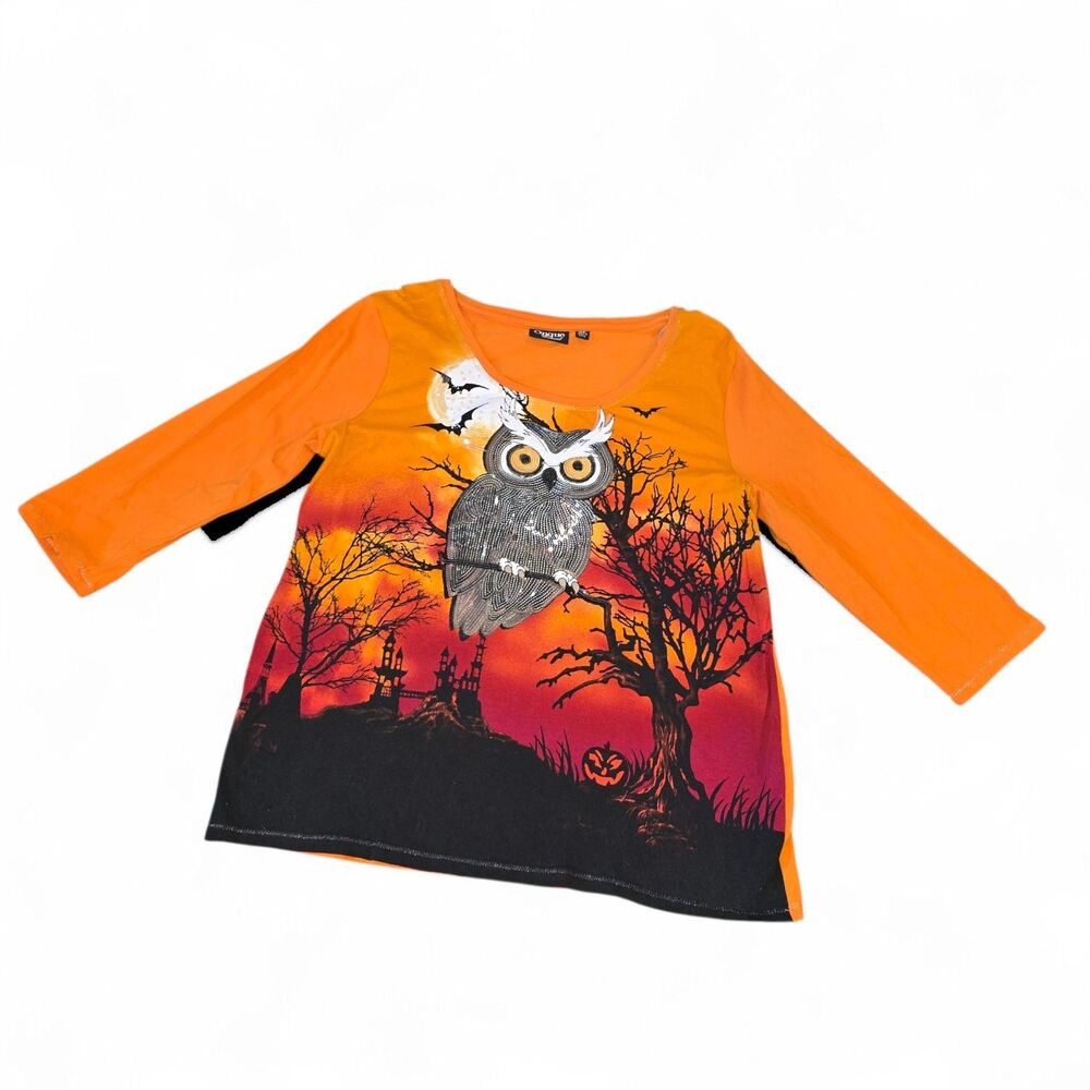ONQUE CASUALS XL Orange Silver Sequin Owl Halloween Bats 3/4 Sleeve Blouse Top